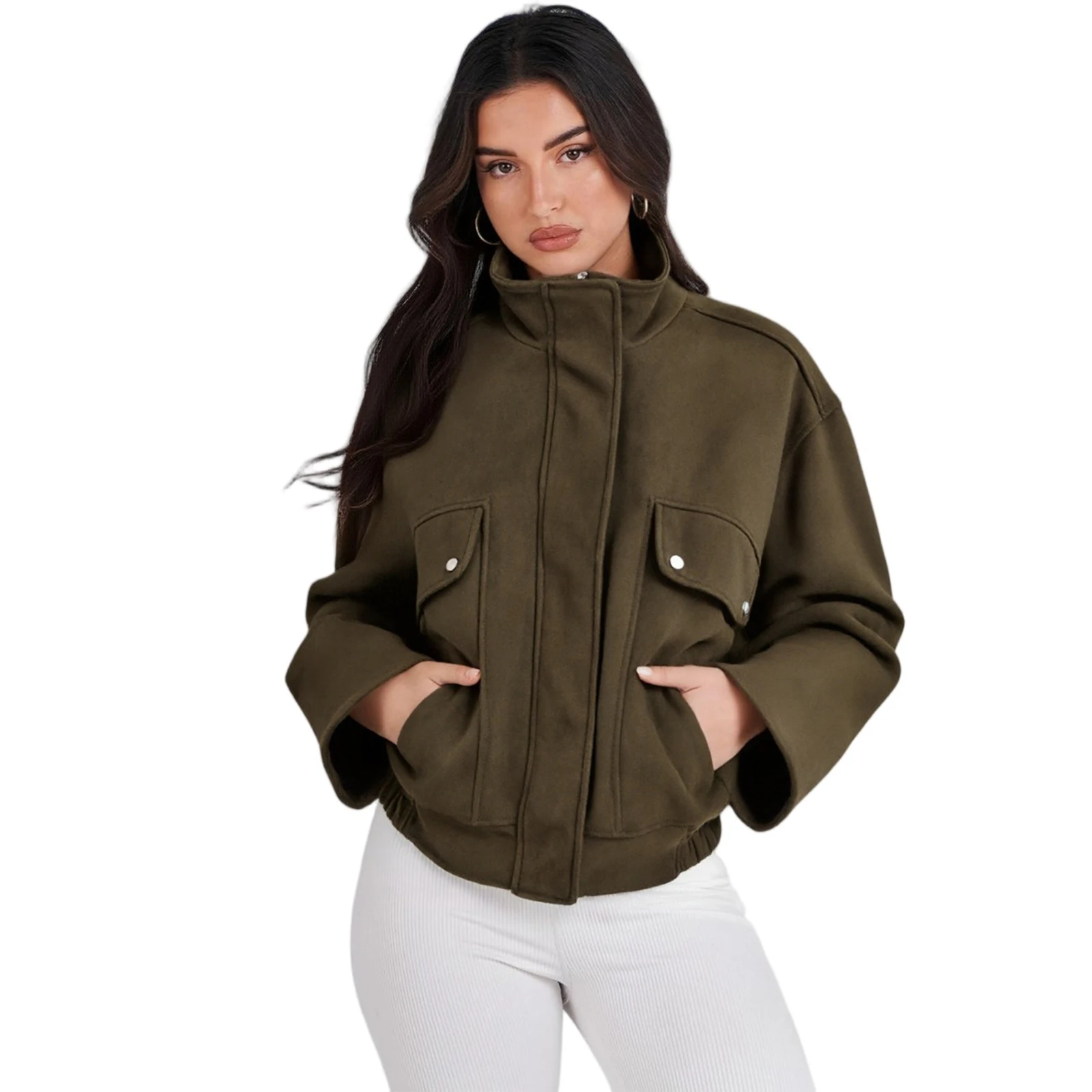 

Women Popular Trend Coat Casual Standing Collar Simple Solid Color Loose Jackets Lady Winter Cozy Thermal Graceful Wearing