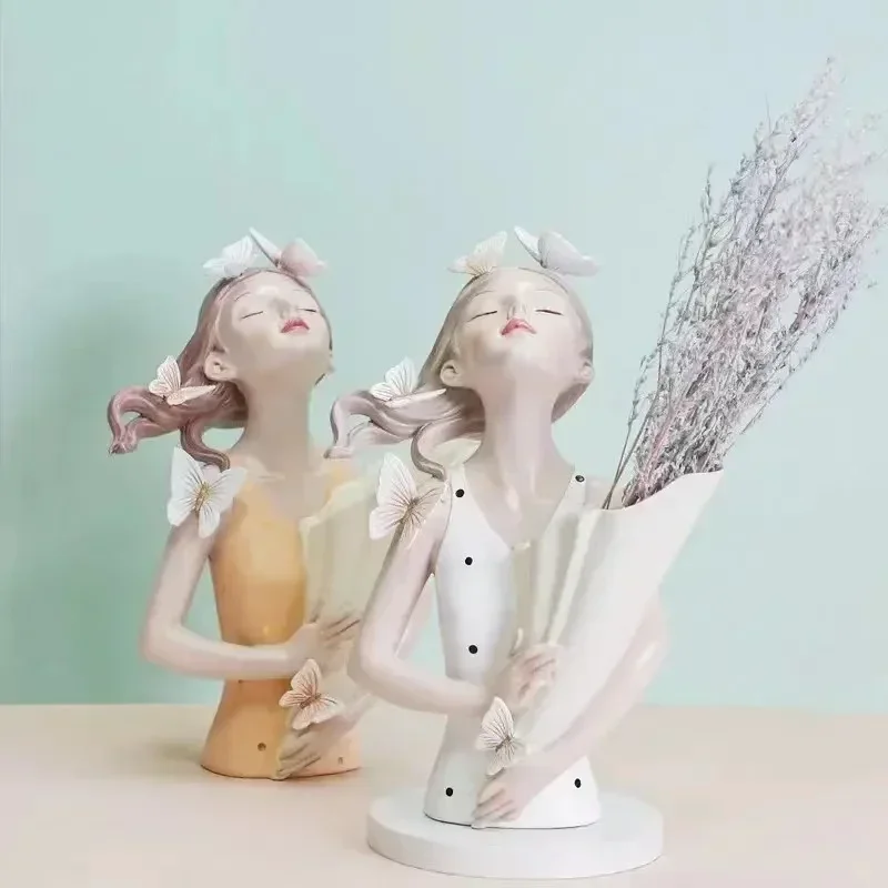 Modern Decorative Artificial Flower Vase Butterfly Girl Sculptures Interior Home Resin Ornaments Household Decoration Vases