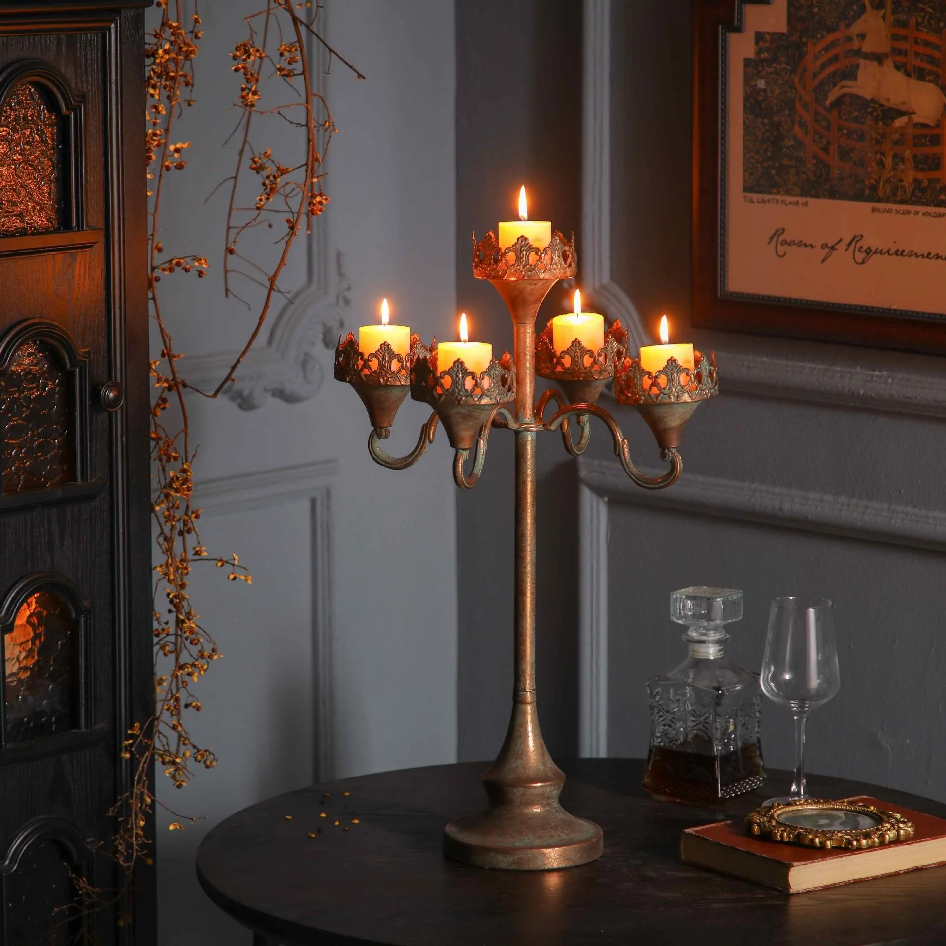 Vintage Iron Gothic 5-Arm Candle Holder Bronze Finish Tabletop Decor 50cm 60cm