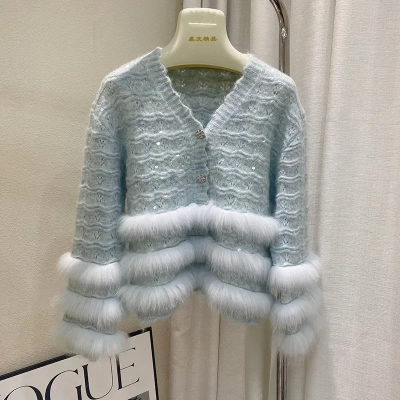 2024 New Design Autumn Knitted Cardigans With Real Fox Fur Stripe V-neck Real Fur Trim Sweater