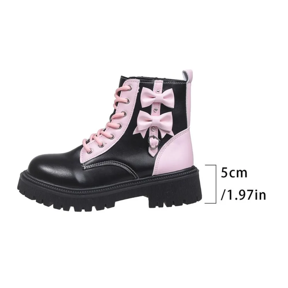 Süße Rosa Schleifenknoten-Stiefeletten in Mischfarben für Damen, Herbst 2026, mit Dicker Sohle, Schnürung, Candy-Punk-Stil und Metalldekoration, Größe 42 – Detail 23