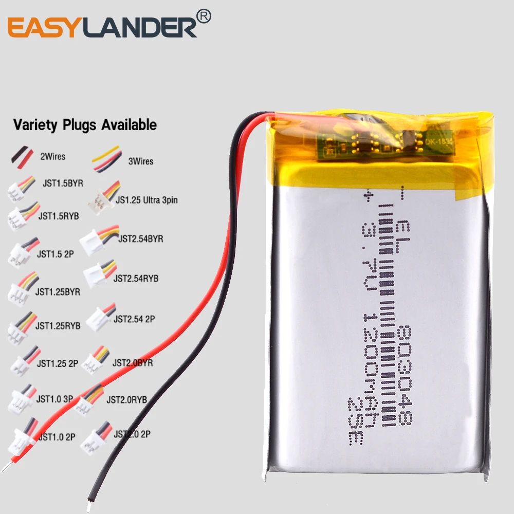 Variety Plugs 1200mAh 3.7V 803048 Rechargeable Lithium Polymer Lipo Battery for GPS Navigator MP5 Bluetooth Speaker Power