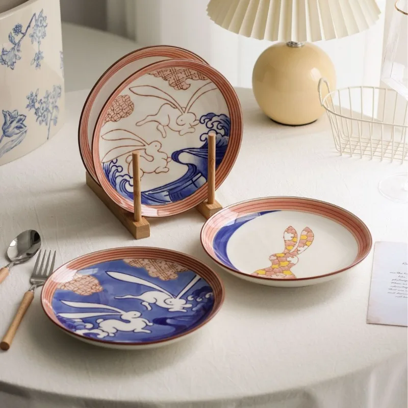 Cute Rabbit Pattern Ceramic Plate Japanese style Ceramic Plate Salad Dessert Plate Home Kitchen Utensils Easter Table Decoration