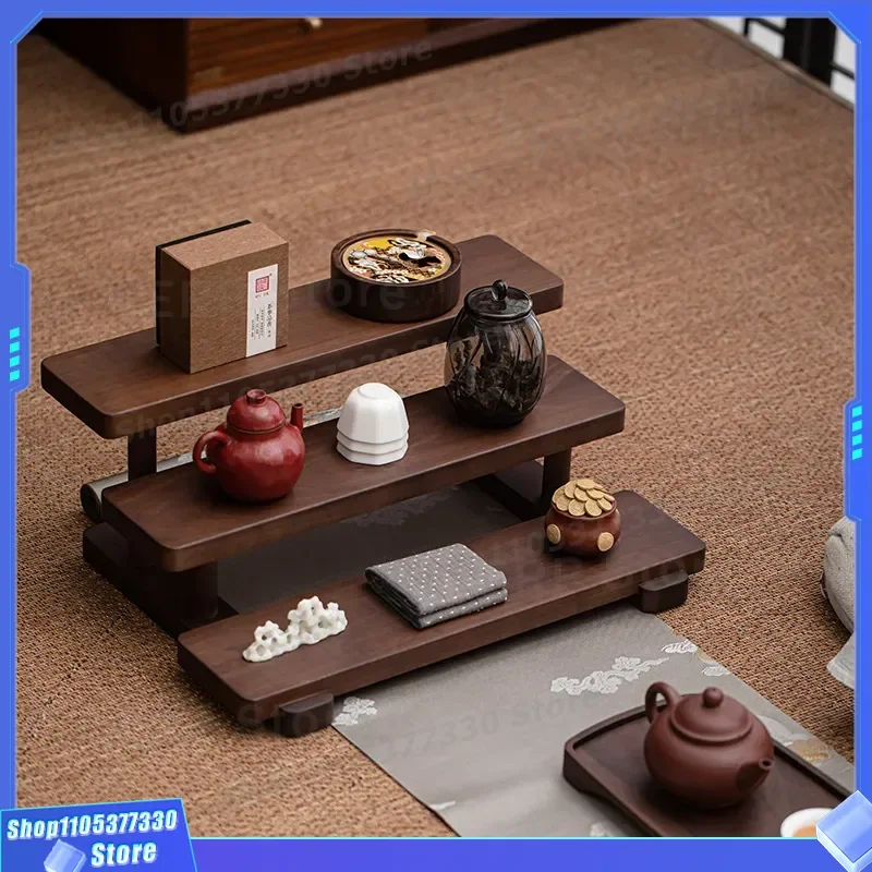 Solid Wood Desktop Shelf Walnut Small Ladder Storage Rack for Tea Set Cup Teapot Display Organizer Home Decor Furniture