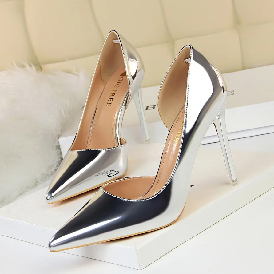 

BIGTREE High Heels Women Shoes Gold Silver Fetish Stiletto Woman Pumps Patent Leather Party Wedding Shoes Lady Summer Sandals 43