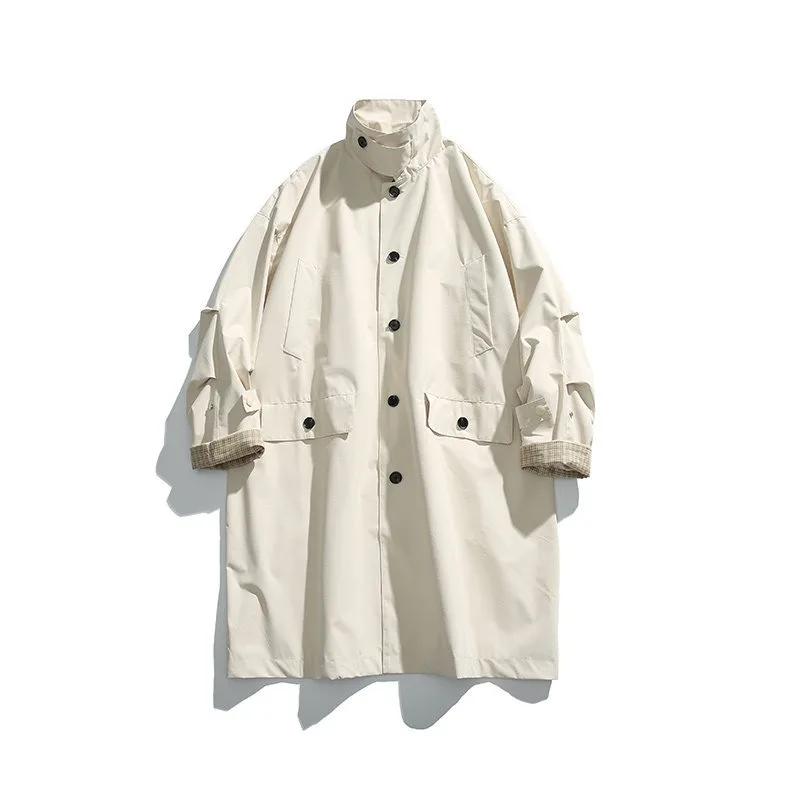 Retro Japanese Medium Long Windbreaker for Men and Women Autumn Simple and Versatile Outdoor Loose Single Breasted Jacket