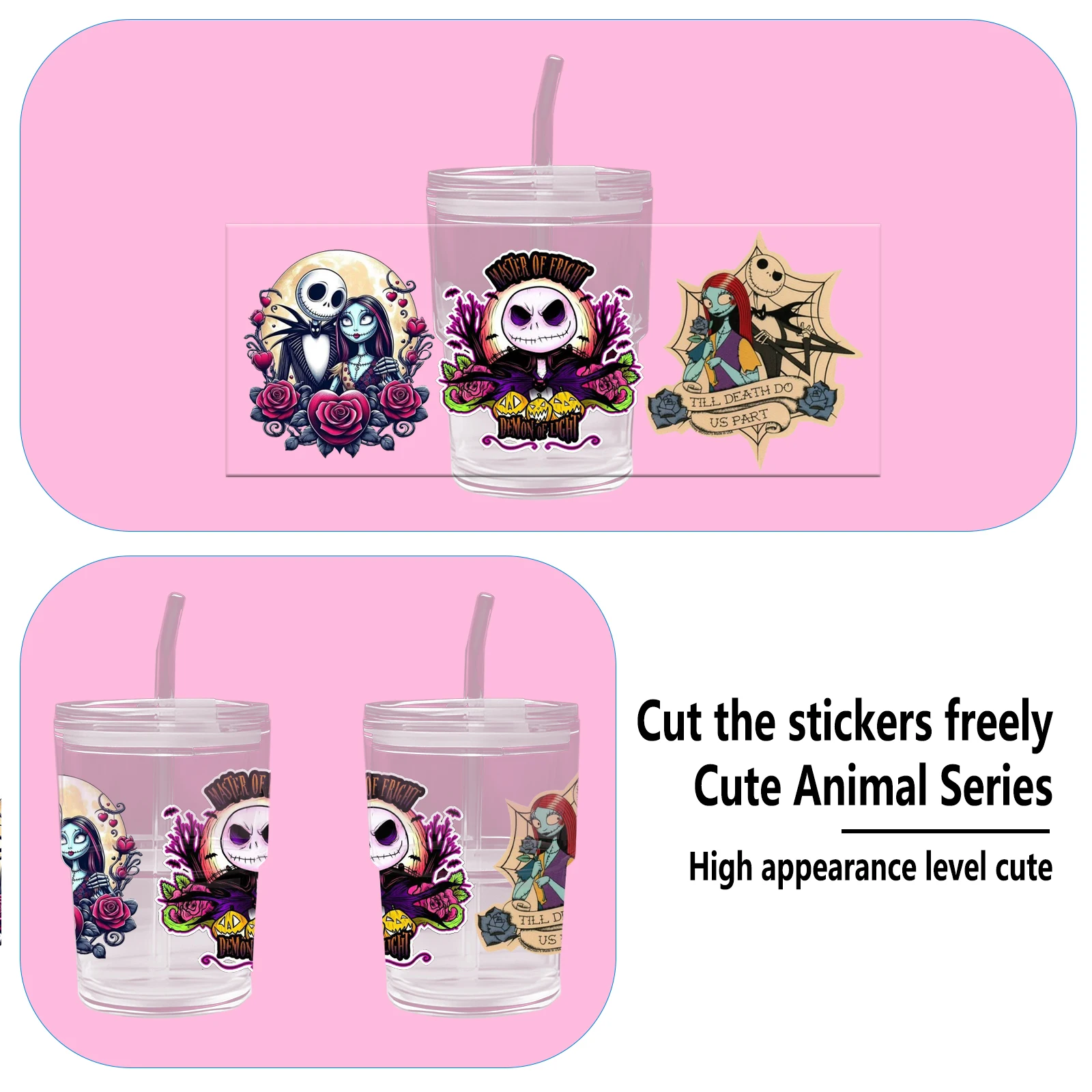 ديزني الكابوس قبل عيد الميلاد 16 أوقية الأشعة فوق البنفسجية DTF كأس يلتف زجاجة ملصق للزجاج Libbey يمكن زجاجة ذاتية اللصق مقاوم للماء