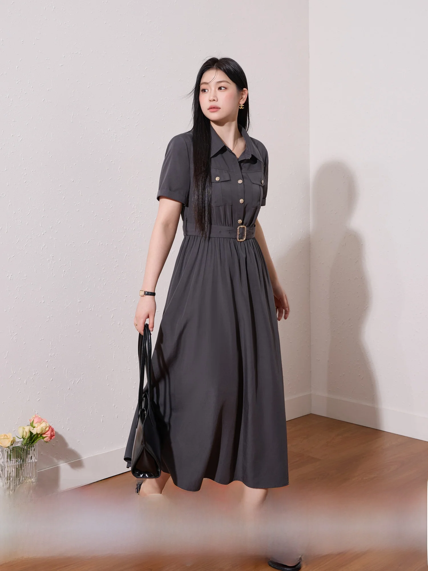 

Blue Language plus Size Women's Casual Silk irt Collar Dr Summer New Waist Cinching Slim A-Line Skirt Breathable Dr