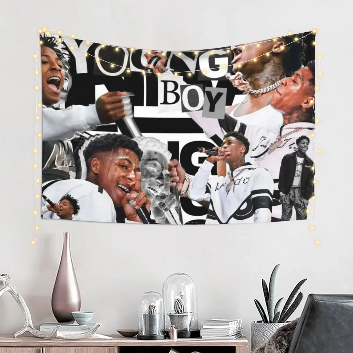 Youngboy B&W Billionaire Collage Tapestry Aesthetics For Room Wall Hanging Wall Living Room Decoration Wall Art Tapestry