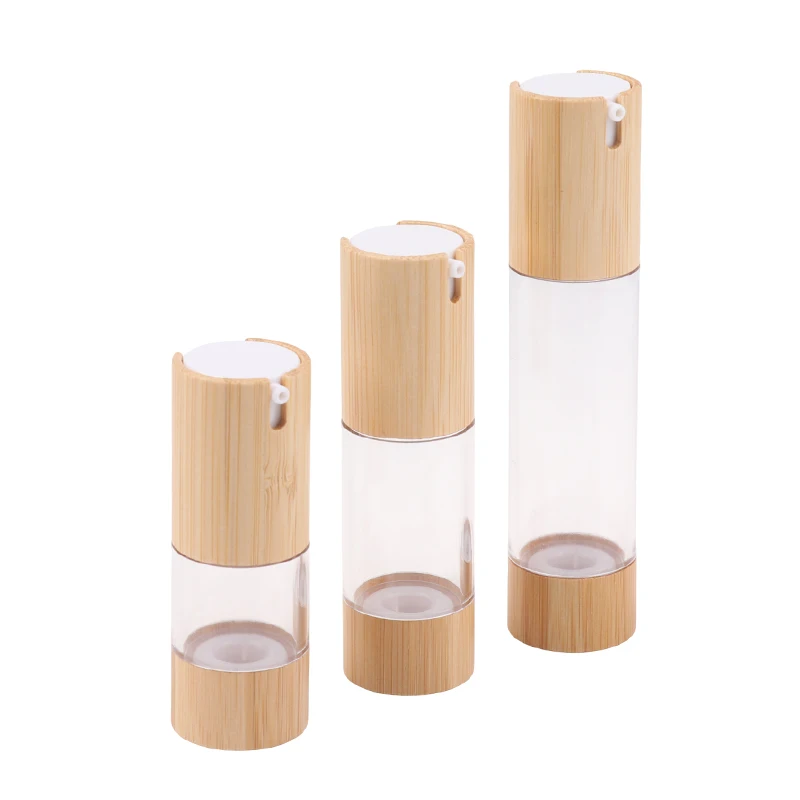 Garrafa vazia de bambu com bomba de vácuo sem ar, 15ml, 30ml, 50ml, para maquiagem, creme, soro, loção, cuidados com a pele, recipiente cosmético