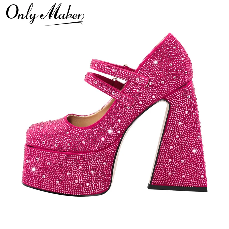 Onlymaker Women Platform Pumps Mary-Jane Rhinestone Chunky High Heels Ankle Strap Dress Party Punk Shoes