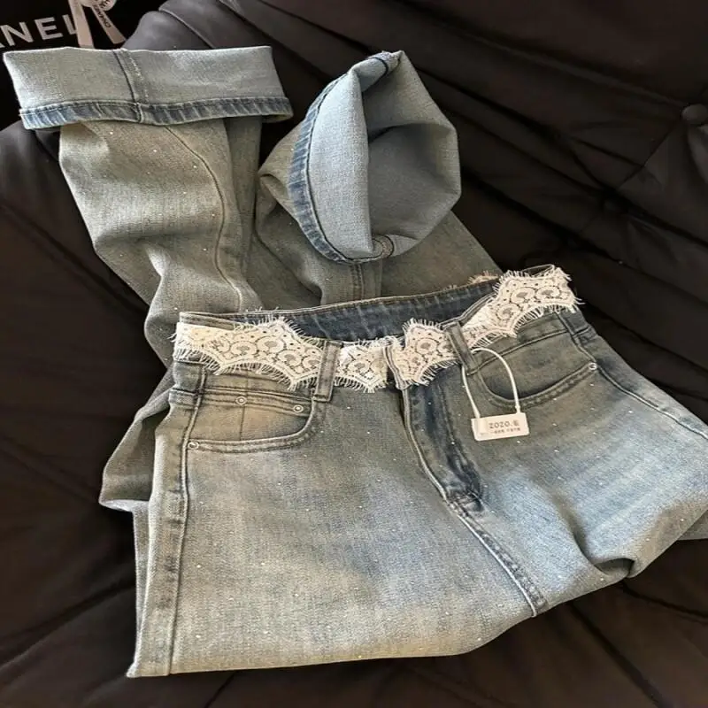 

Удлиненные женские брюки, кружевные джинсы с высокой талией, весна-осень, мягкие джинсовые дизайнерские брюки в американском стиле, широкие брюки в стиле ретро