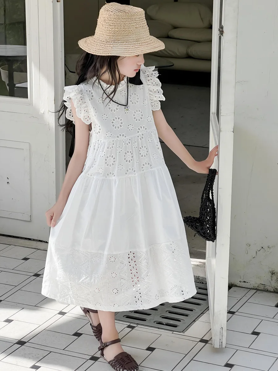 

Teen Baby Girls' Party Wedding Dress 2024 Summer Princess Dresses White Hollow Out Cute Kids Children's Clothing Fly Sleeves