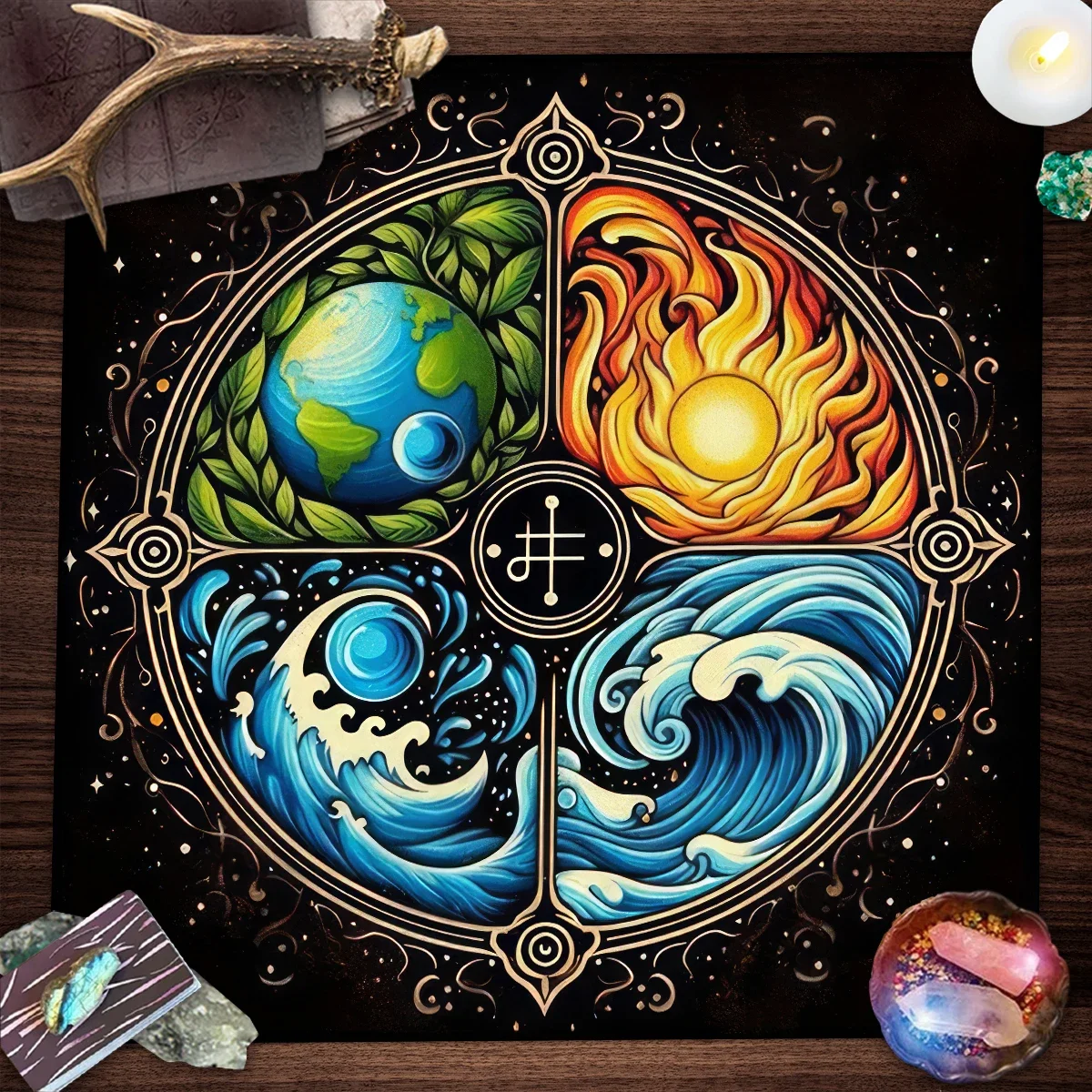 Altar Cloth Four Elements Coexist Tarot Card Tablecloth  Flame & Bright Sun Waves Water Droplet Divination Cloth For Tarot Mat