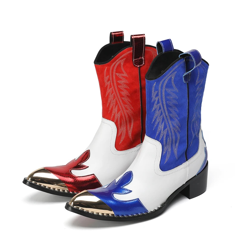 Mode Spitz Männlichen Stiefeletten Plus Größe Party Schuhe Stickerei Cowboy Stiefel Aus Echtem Leder Männer Motorrad Kurze Stiefel – Detail 9