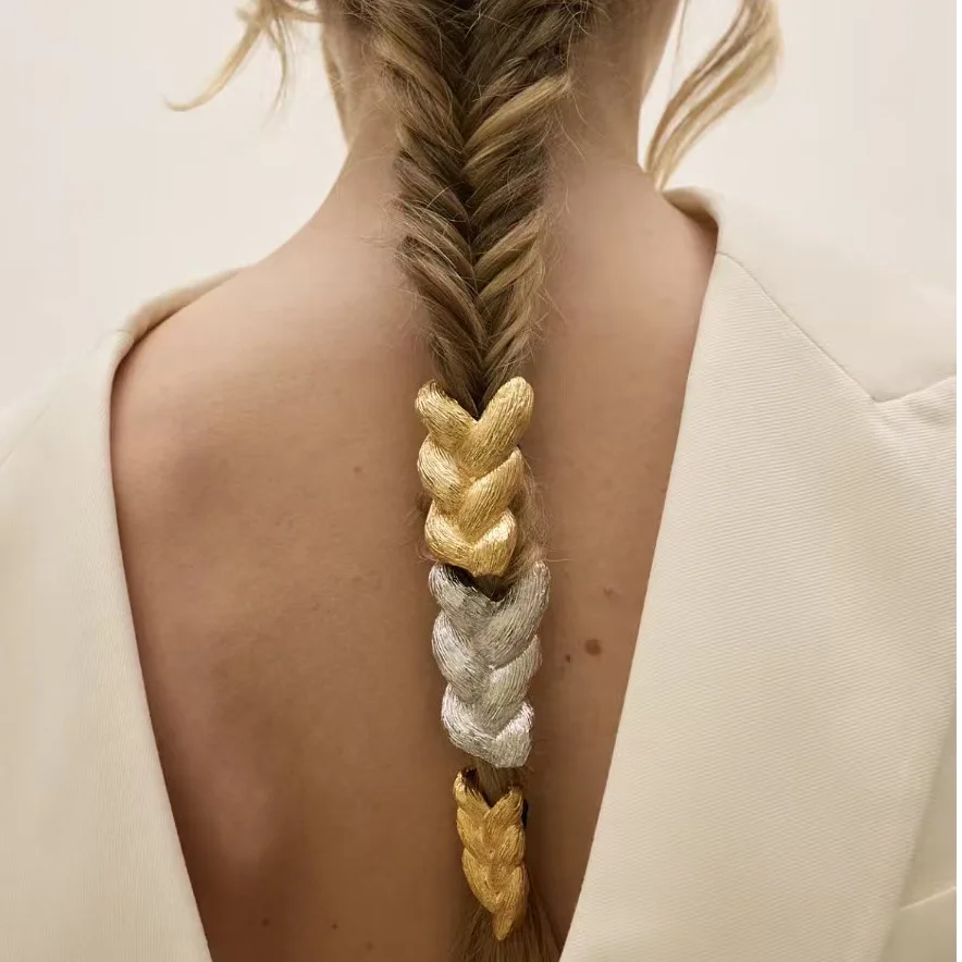 Newest Metallic Woven Braid Gold Silver Thread Hair Ropes Minimal Braid Fashion Office Lady Low Ponytail Hair Rings Headdress