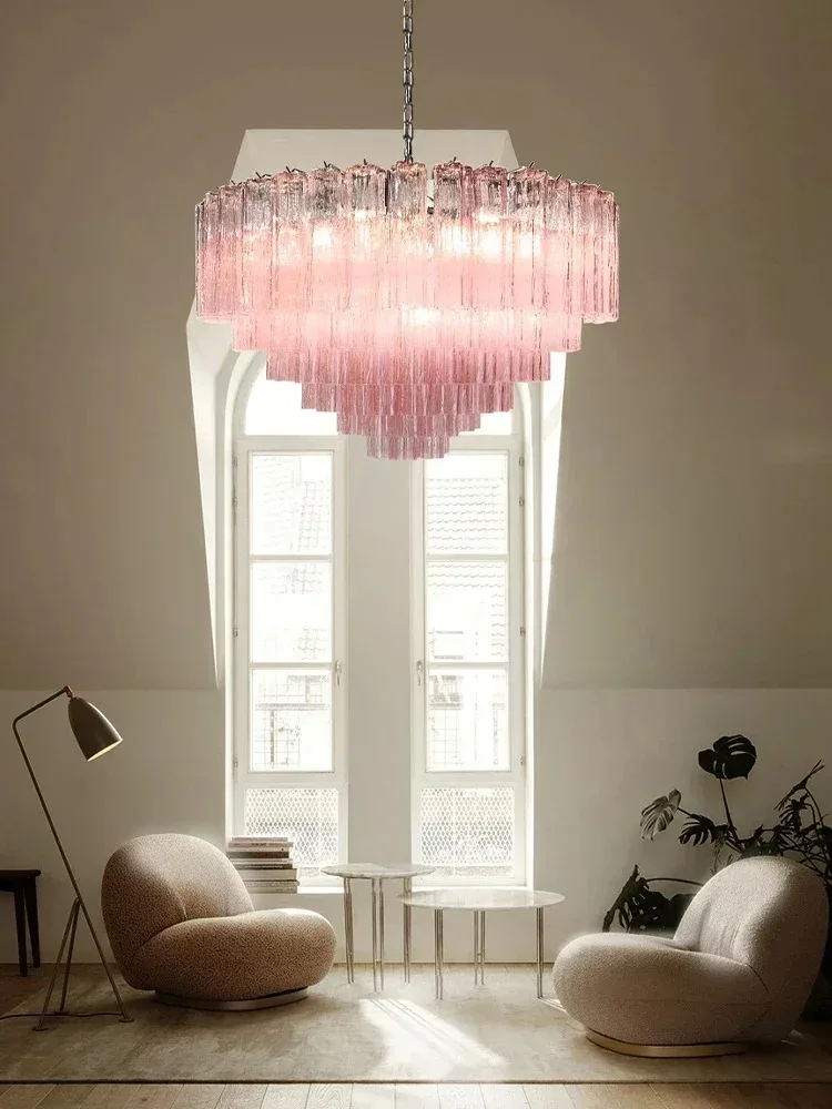 Italian Designer Vintage Texture Glass Ceiling Chandeliers Transparent Pink Home Decoration Hanging Lamps For Living Room Lustre