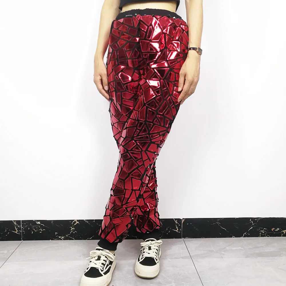 Women Red Laser Mirror Sequins Harem Pants Casual Trousers Dance Team Band Singer Jazz Dancer Bar Show Stage Performance Costume