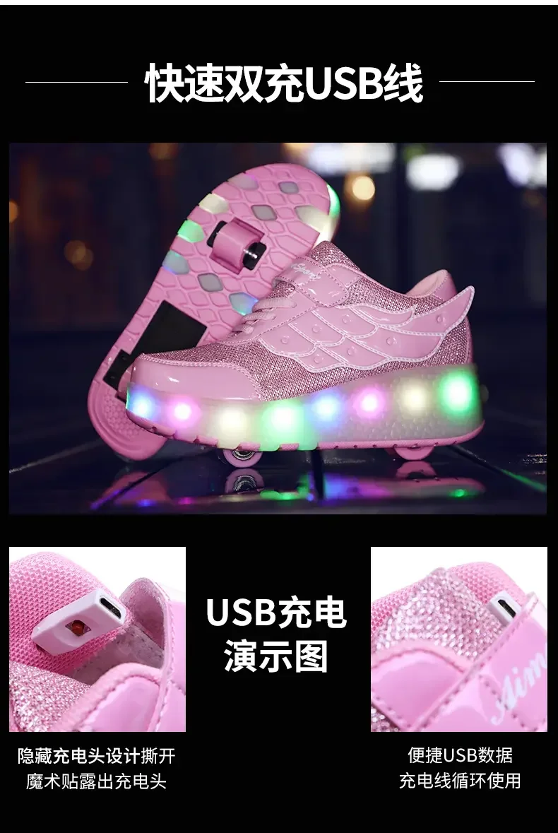 Kids LED roller sports shoes glowing luminous light up usb sneakers Two wheels kids rollers skate shoes for boy girls Flash