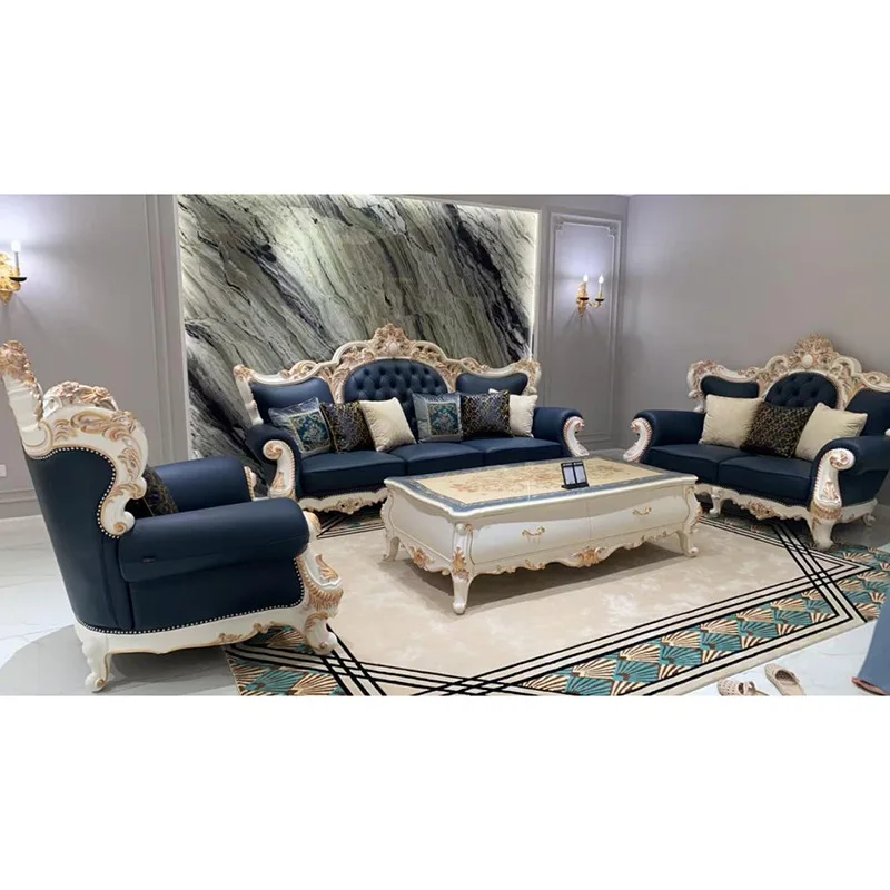 French Leather Art Sofa, Neoclassical Solid Wood Villa Luxury Living Room Leather Art 123 Combination Large Apartment Furniture