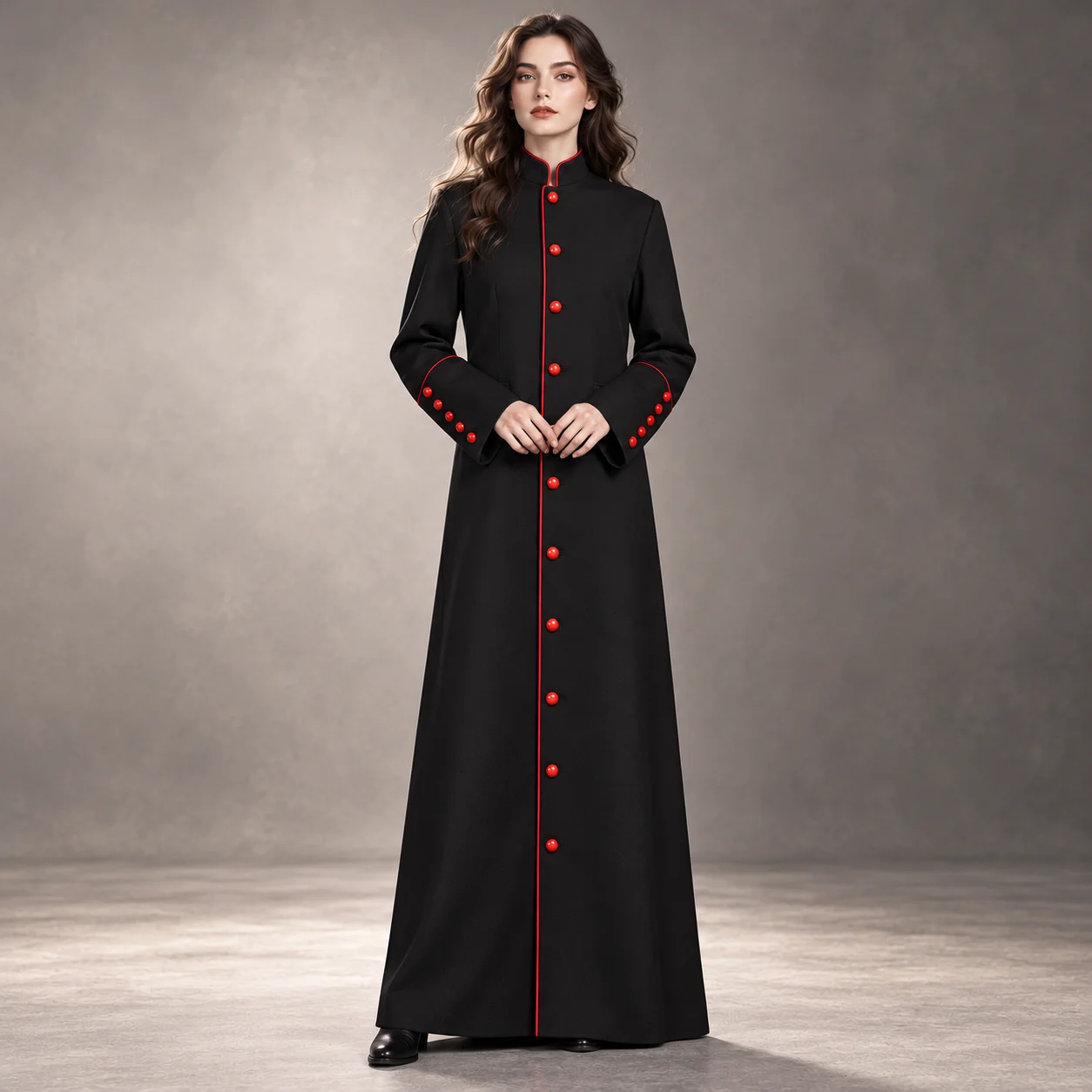 EOENKKY Medieval Priest Robe Costume Black Long Cloak with Red Trim Buttons Gothic Halloween Cosplay Outfit for Men Women