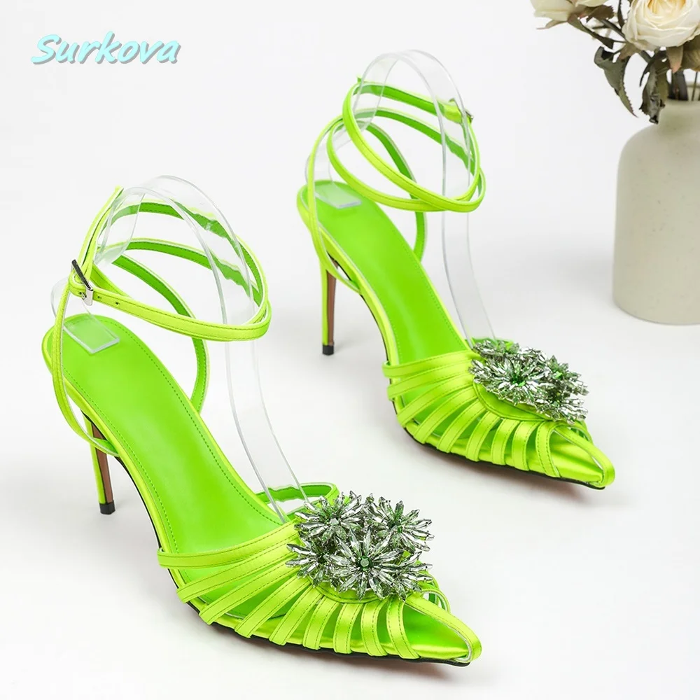 

Yellow Trendy Rhinestone Flower Sandals Ankle Buckle Strap Thin High Heel Round Toe Women Roman Sexy Fashion Summer Shoes