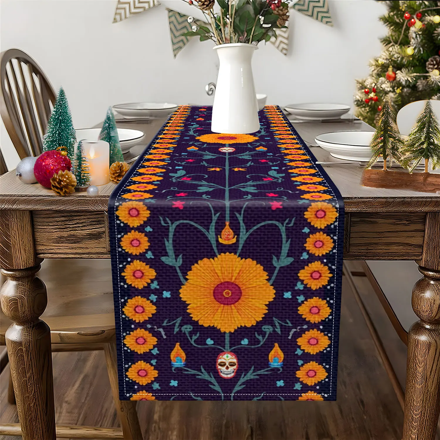 1 Piece of Mexican Day of the Dead Themed Table Runner, Decorated with Floral Figures, Marigolds, and Skulls, Suitable for Festivals and Exotic Decorations