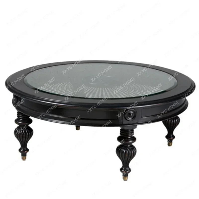 Living room black rattan art tempered glass surface coffee table retro custom rattan art round coffee table