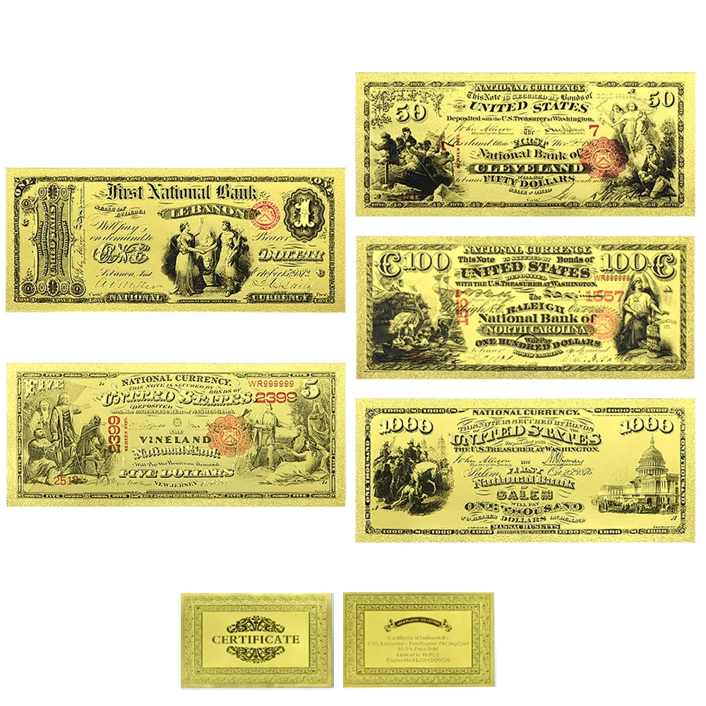 

1863 US Dollars Gold Foil Banknotes 1-1000 Plastic Money Collection Gift Uncurrent