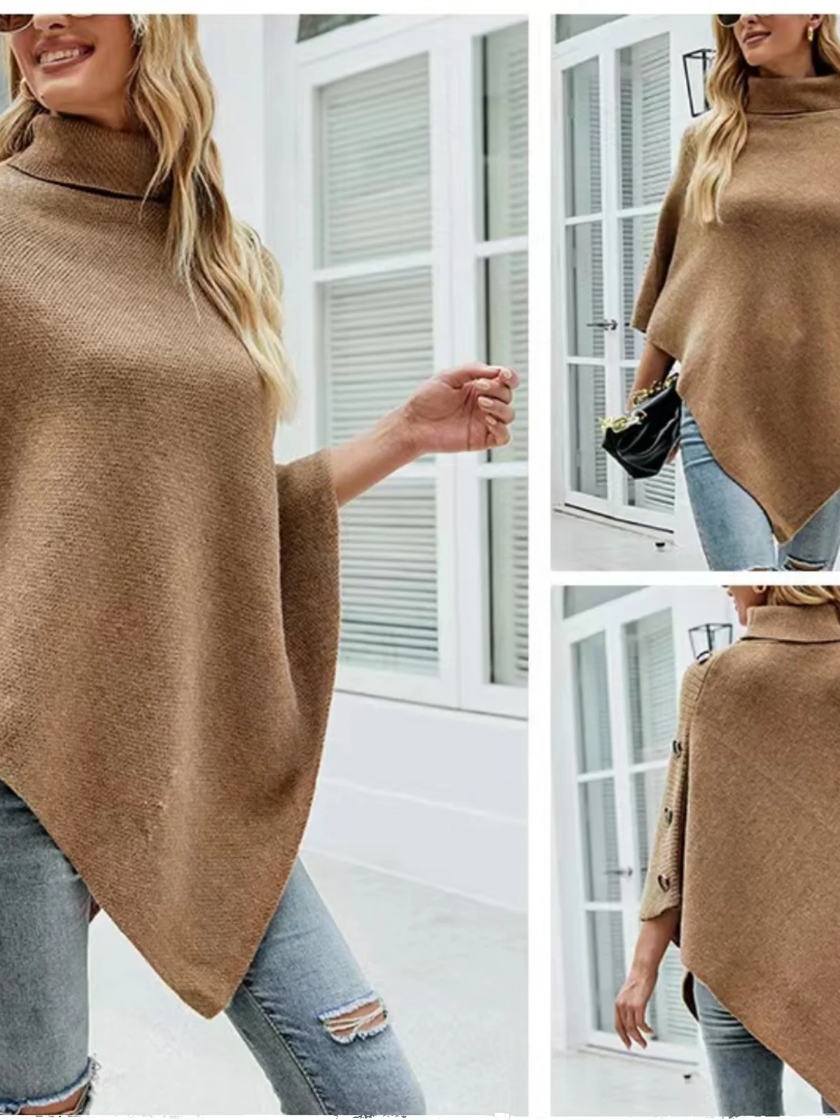

Faionable Khaki oulder Wrap Cowl Ne Pure Color Knitted Sweater Coat Trendy High Collar Long Sve Loose Fit Polyester