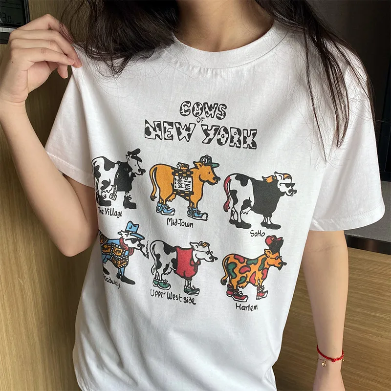 Funny Cows of New York Graphic Printing Women T Shirts White Loose Short Sleeve Cotton TopsTees 2023 Summer Cute Casual Shirts