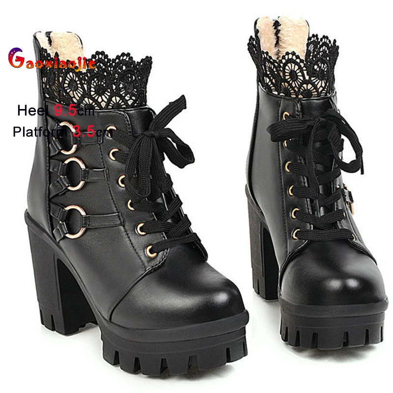 

2025 British StyleHigh Heels Warm Cotton Shoes Coarse Heels Women's Short Boots Fashion Solid Color Lace Up Splicing Mesh Boots