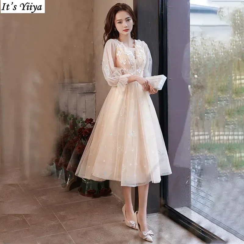 It's Yiiya Customized Evening Dress Champagne Butterfly O-neck 3/4 Sleeves Tea-Length A-Line Plus size Woman Formal Party Gowns