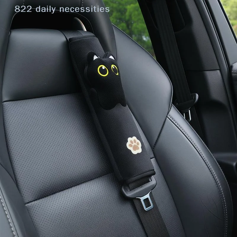 1PC Universal Black Cat Seatbelt Shoulder Pad Soft Plush Car Safety Accessory For Relaxed And Safe Long Distance Drives