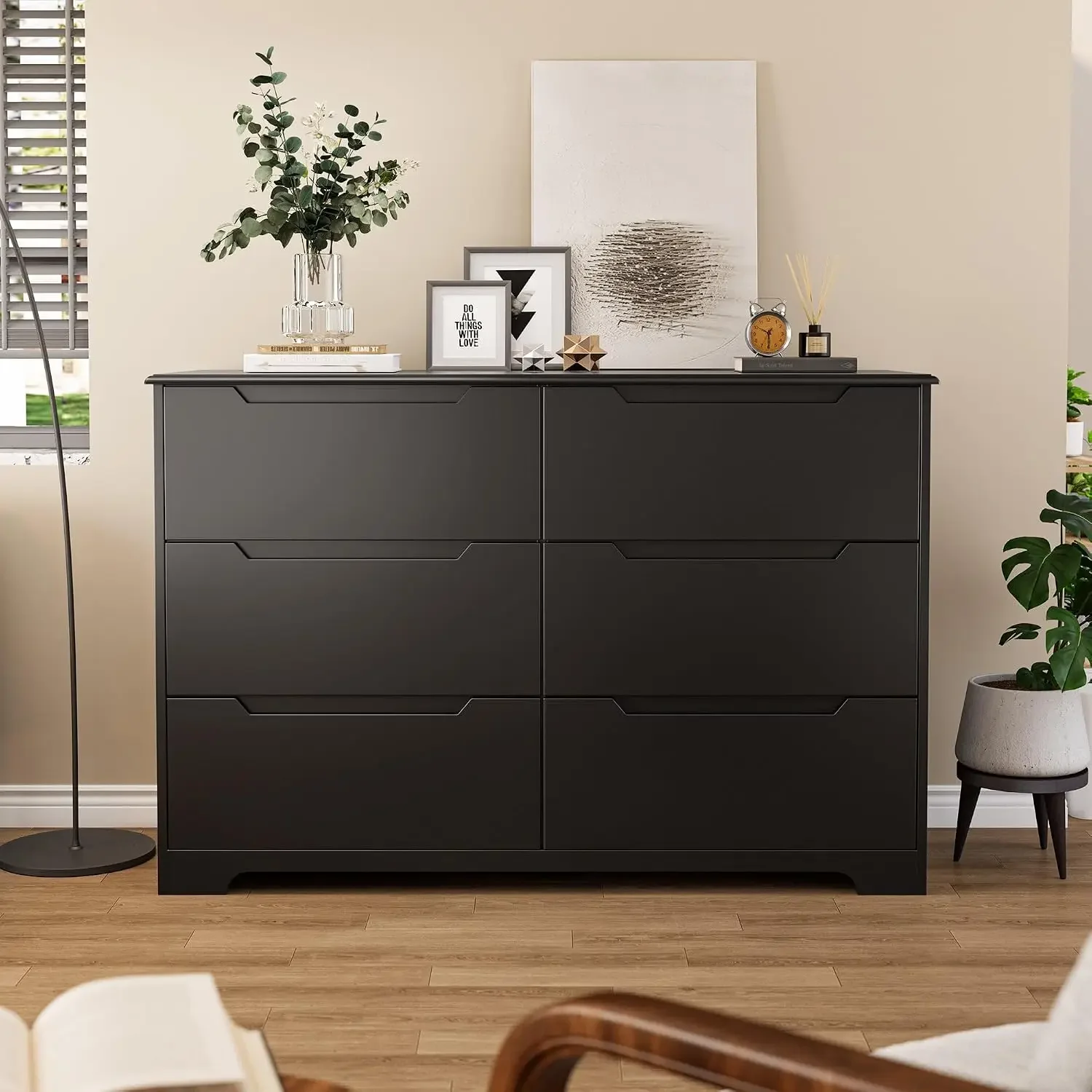 6 Drawer Double Dresser for Bedroom with Anti-Tip Design, Black | Modern Wide Wooden Chest of Drawers with Cut-Out Handles