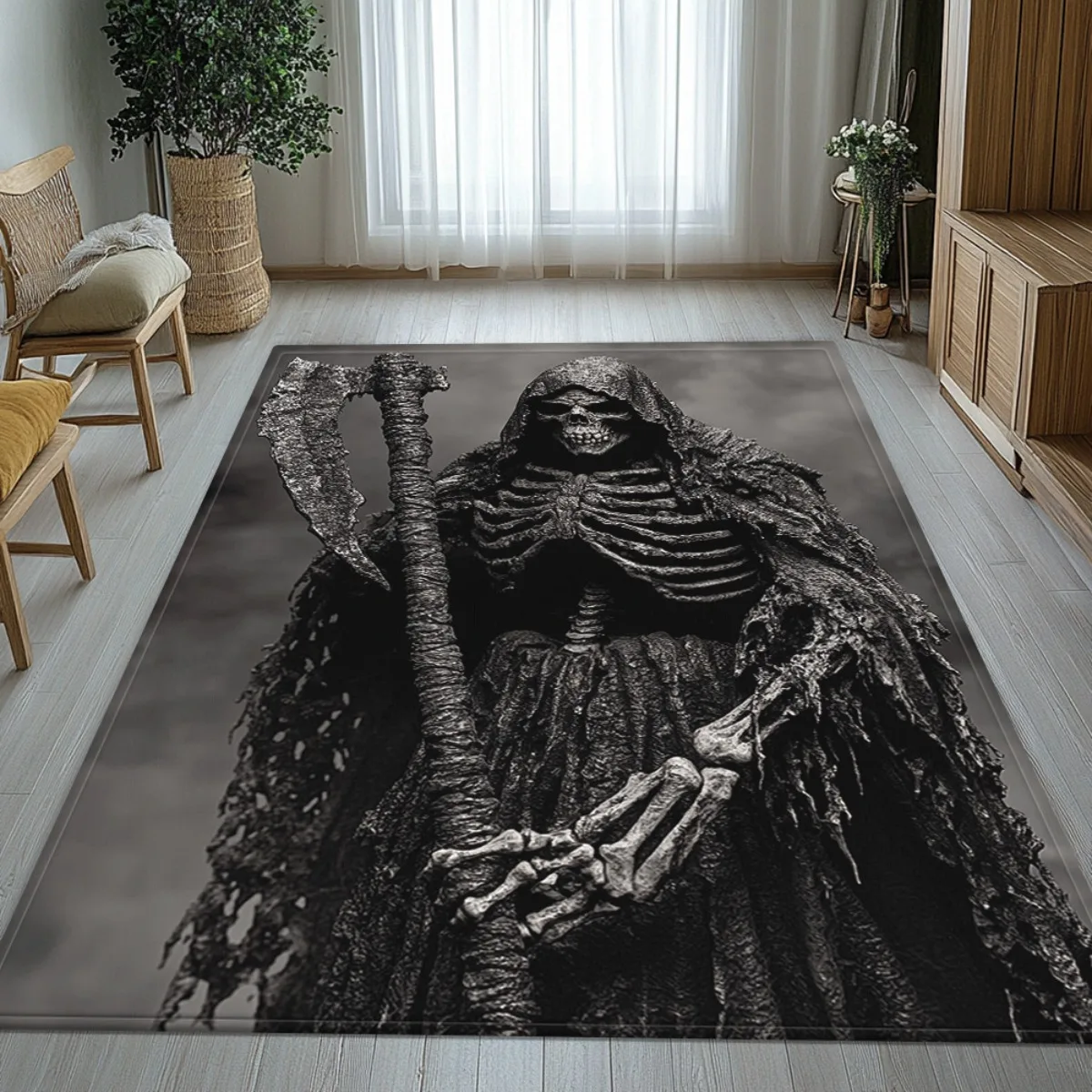 1pc HD Black Grim Reaper Pattern 2D Flat Area Rug,Versatile Home Decor, Ideal Gift,Perfect for Kitchen Yoga Bathroom Dining Room