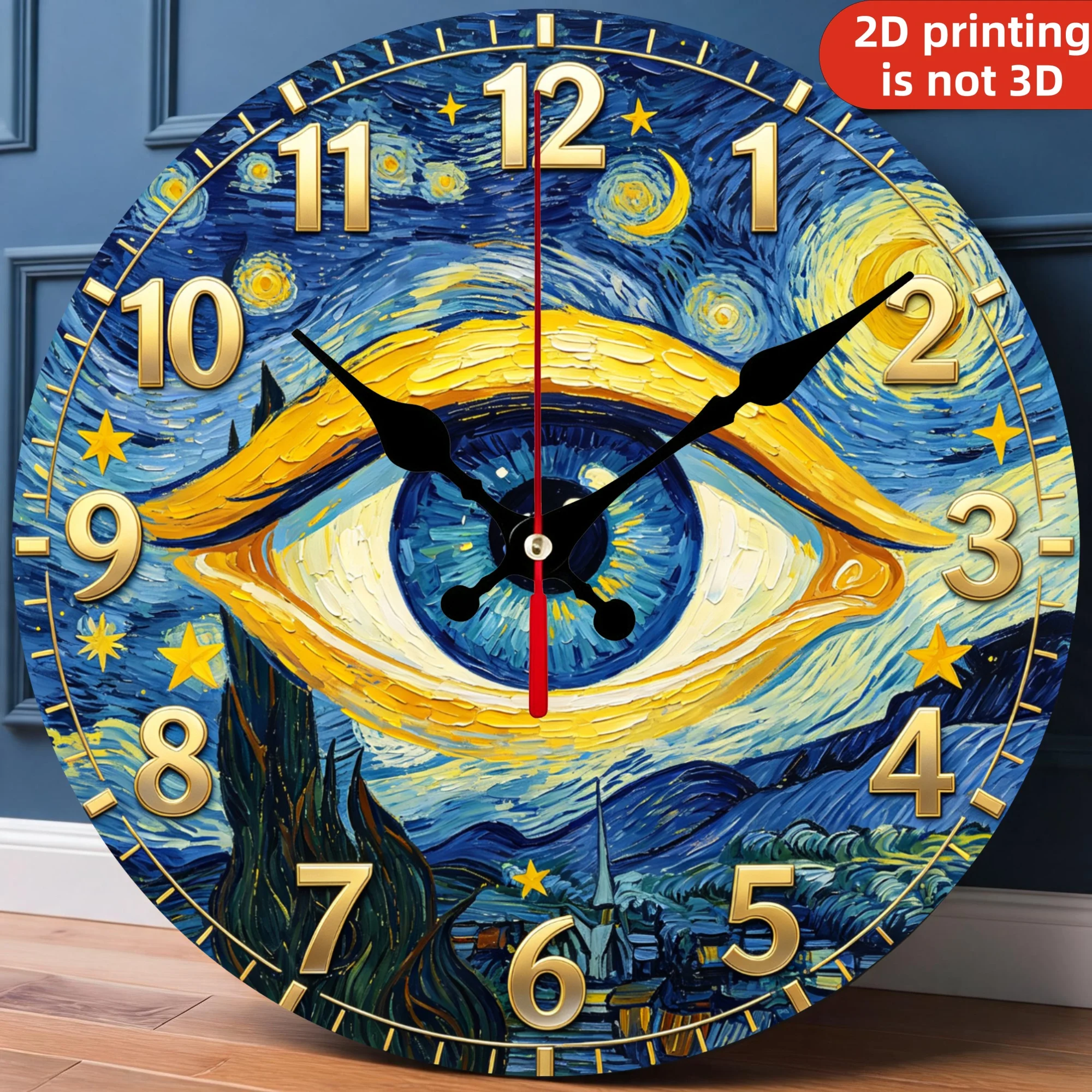 Van Gogh Starry Night Celestial Eye Wooden Wall Clock, 10/12 Inch Round Wood Clock, Silent Non Ticking Quartz Movement, Swirling Oil Painting Moon Printed Home Decor