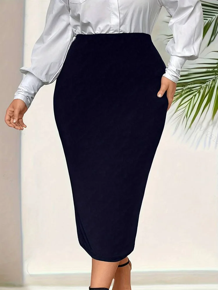 GIBSIE Plus Size Odzież damska Spódnica w jednolitym kolorze Jesień Nowe Eleganckie Biuro Panie Wysoka talia Dzielone Bodycon Długie spódnice