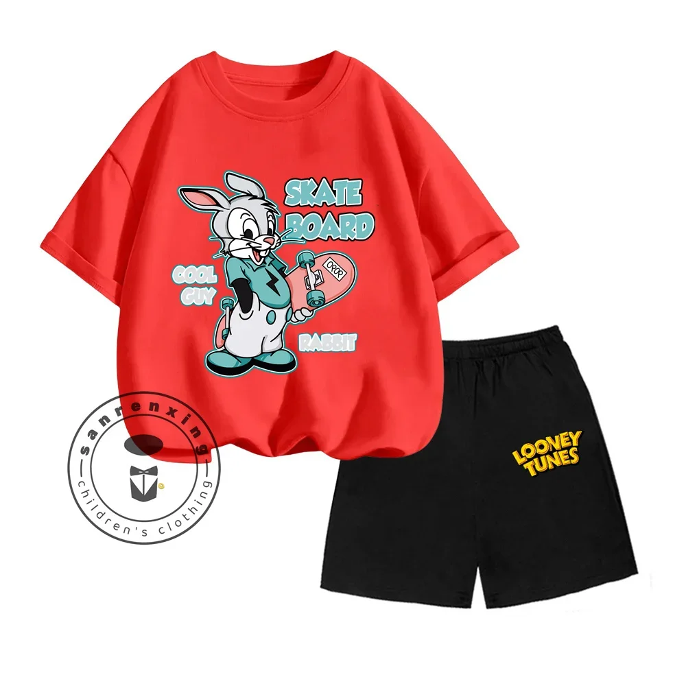 Popular animated Bugs Bunny cartoon print design for children o-neck comfortable short sleeve + simple shorts two-piece set