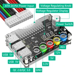 24Pin ATX 6 Port USB 2.0 Power Supply Breakout Board Power Module Adapter Connector Adjustable Voltage Knob Supports QC2.0 QC3.0