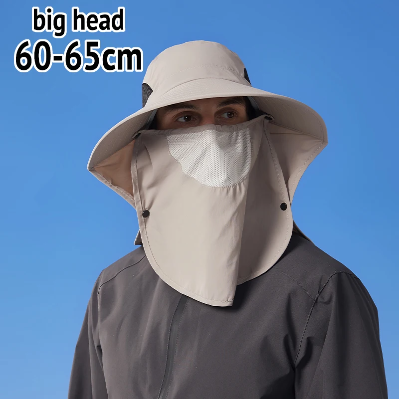 XL XXL Big Head Sun Hat 60-65cm Oversized Large Head Fishing Hat with Face Mask Neck Flap 360 UV Protection Bucket Cap view 2