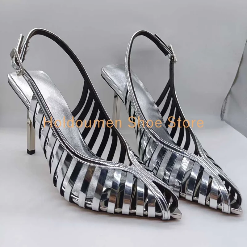 

Unique Three Dimensional Narrow Band Tailoring Design Fashion Sandals V-Shaped Shallow Mouth Pointed Toe Metal Stiletto Sandals