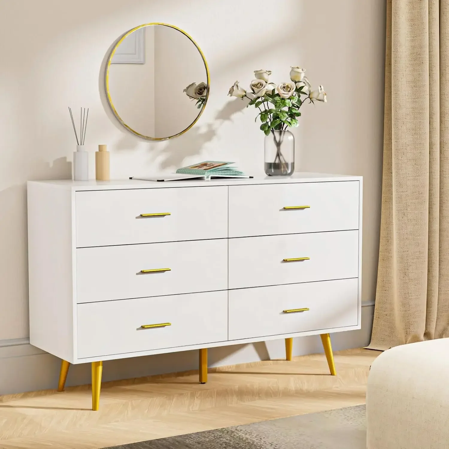 White Dresser for Bedroom, 6 Drawer Dresser with Wide Drawers and Gold Metal Handles, Wood Dressers & Chest of Hallway,Entryway.