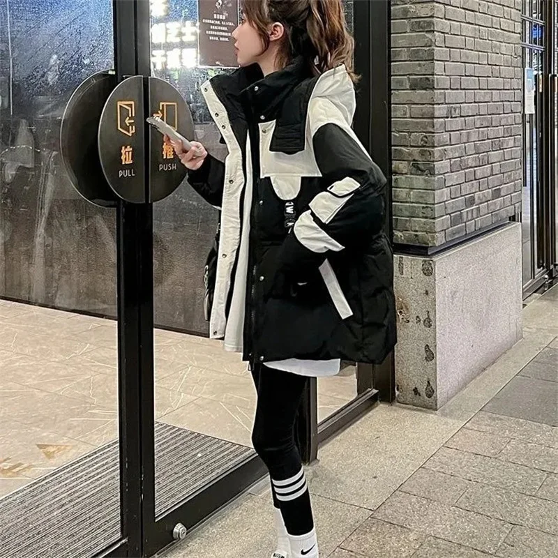 Winter Women Medium Long Styles Down Cotton Coat Korean Female Parkas Jacket 2024 Ladies Hooded Splicing Together Puffer Outwear