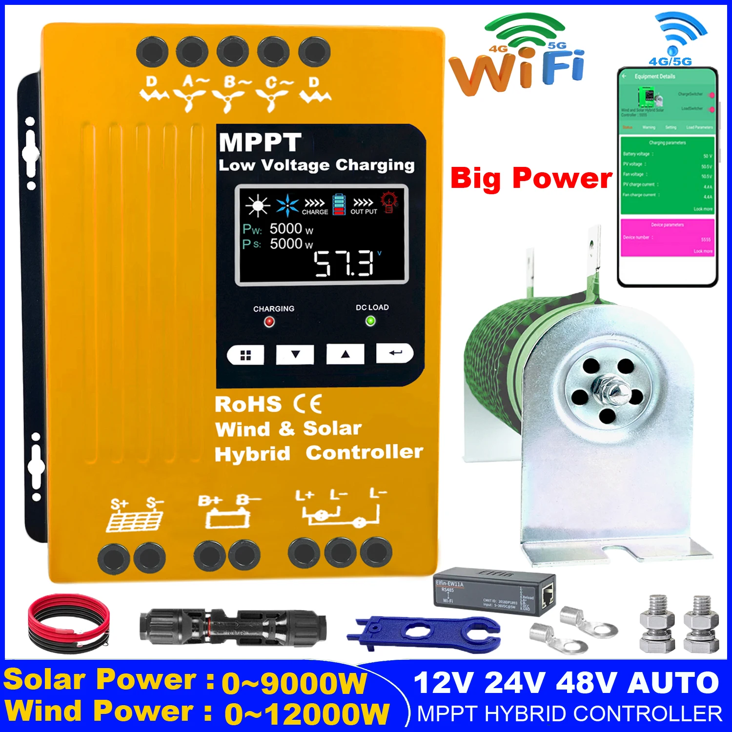 12V 24V 48V 6000W Built-in WiFi Hybrid Wind Energy Solar Charging Controller MPPT Wind System Lifepo4 Lithium Lead Acid Battery