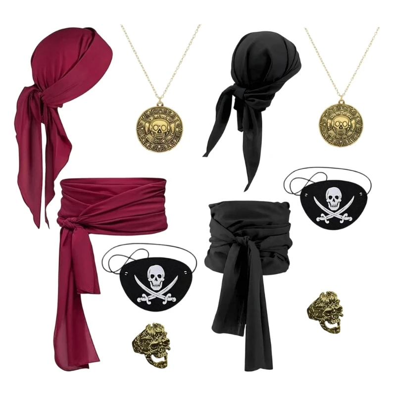 DXAE 5Pcs Pirate Costume Accessories Bundle Headwrap Waist Sash Eye Patches Rings Necklace For Role Playing