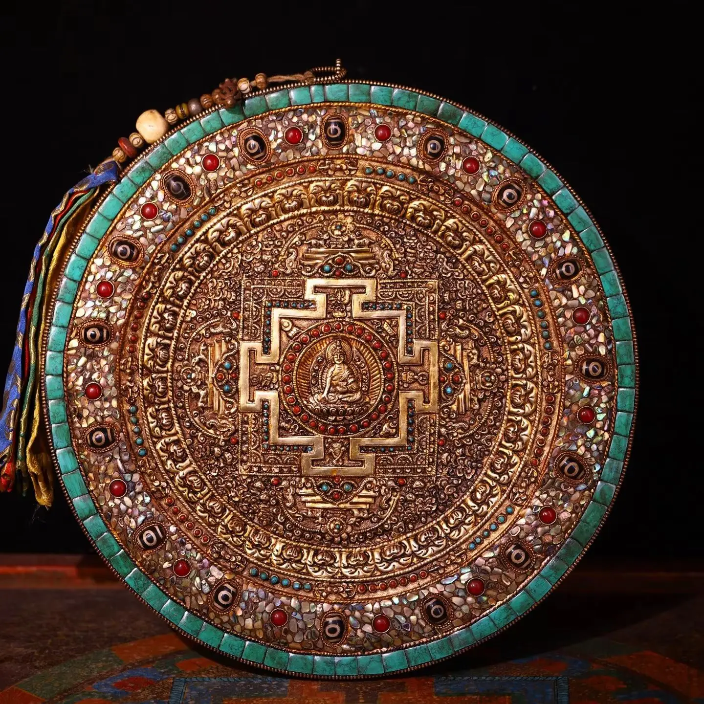 Old Tibetan Silver Gilded Mosaic Gem Turquoise Shell Five sided Buddha Thangka Buddha flower texture hanging panel  Mandala