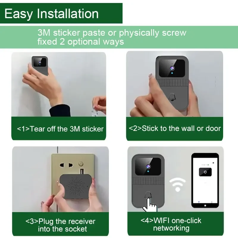 Smart Home Wireless Video Doorbell 2-Way Audio HD Video Doorbell Camera Cloud Storage Night Vision 2.4G WiFi for Home Office