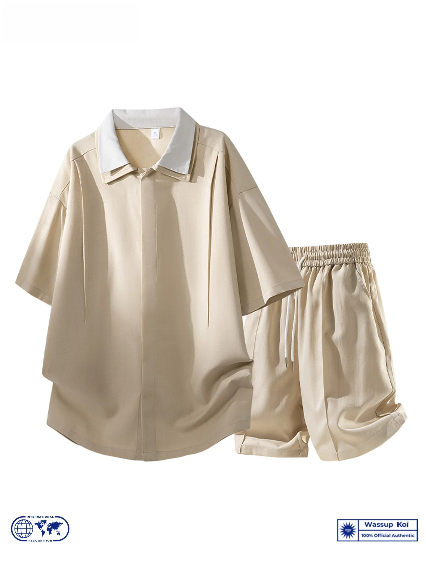 wassup-koi-men's-casual-style-short-sleeve-shirt-set-two-piece-teenager-summer-simple-style-polyester-fiber-short-pants