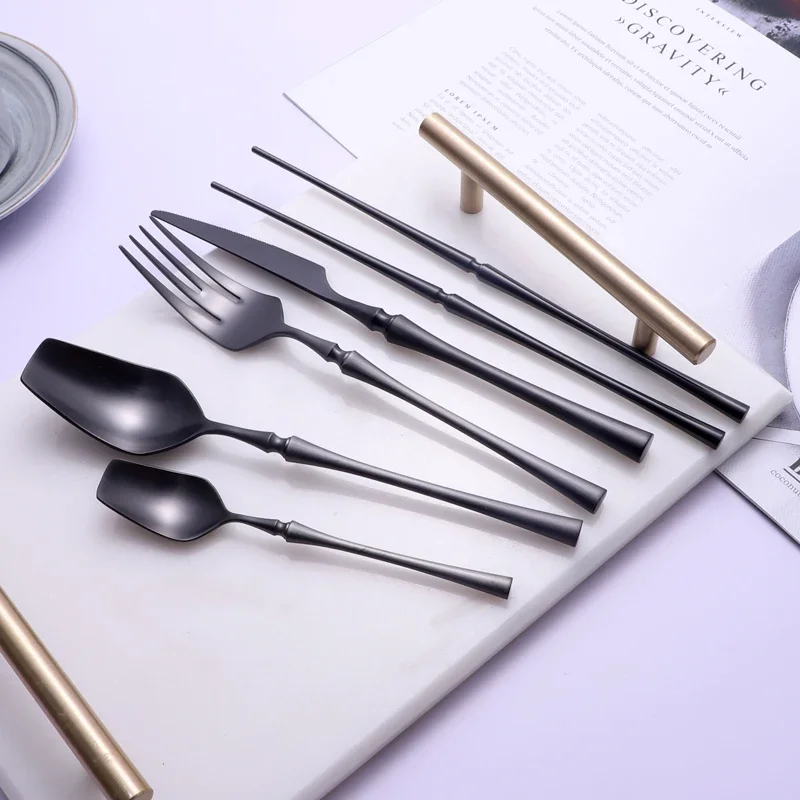 Matte Black 18/10 Stainless Steel Luxury Cutlery Tableware Knife Coffee Ice Spoon Fork Chopsticks Flatware Set Dishwasher Safe